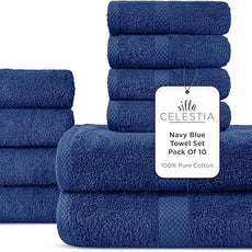 100% Combed Cotton Bathroom Towel Set of 10- 2 Bath Towels, 4 Hand Towels, 4 Wash Cloths, Sustainable, Soft, Highly Absorbent 10 Piece Cotton Bath Towel Set for Hotels, Spa, Bathroom, Dorm, Navy Blue
