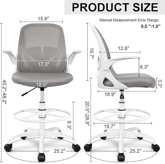Primy Ergonomic Drafting Chair with Flip-up Armrests Tall Office Chair for Standing Desk Comfortable Desk Chair with Adjustable Footrest Ring and Lumbar Support in Gray Perfect for Home and Office Use
