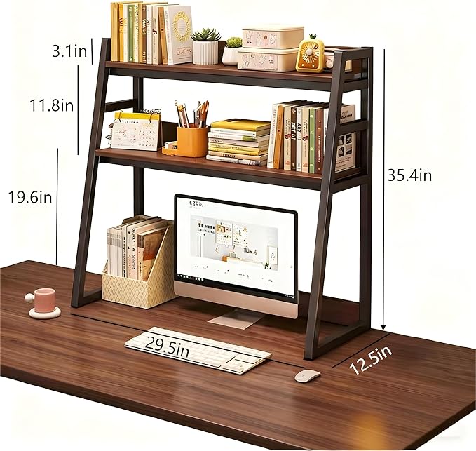 2-Tier Desktop Bookshelf, Wood Hutch Shelf Organizer, 29.9 x 12.6 x 35.4 inches, Study Room Storage Rack (Black, 30 * 12 * 35in)