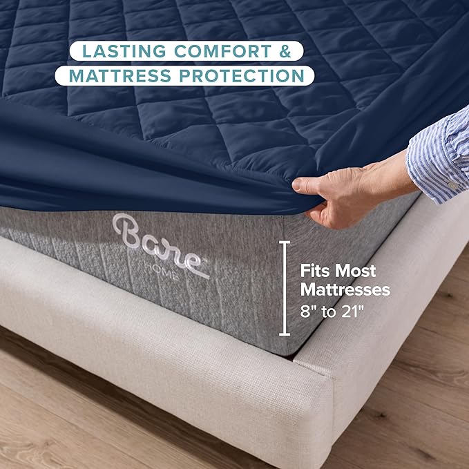 Bare Home Queen Quilted Fitted Mattress Pad - Cooling Mattress Cover - Easily Washable - Elastic Fitted Cover for Mattress - Stretch-to-Fit up to 15 Inches Deep (Queen, Dark Blue)