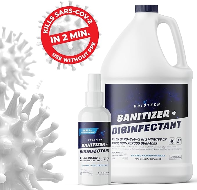 BRIOTECH Sanitizer Disinfectant Hypochlorous, Kill 99.99% of Viruses & Bacteria, Control Mold, Eliminate Odor, Gentle for Nursery & Play Rooms, Food Contact Surface Sanitizer, 1 Gallon Refill