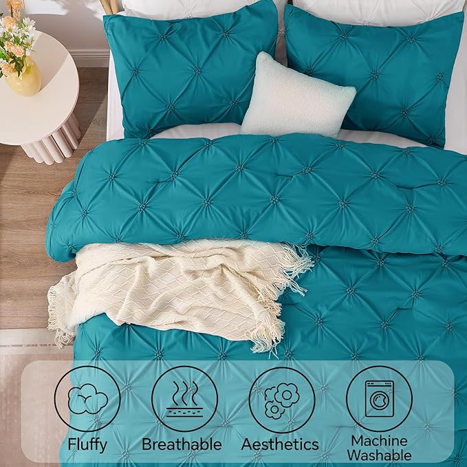 BEDELITE Teal Queen Comforter Set - 3 Pieces Boho Pintuck Bedding Comforter Sets, Lightweight Soft & Warm Bed Comforter Queen with 2 Pillowcases for All Season