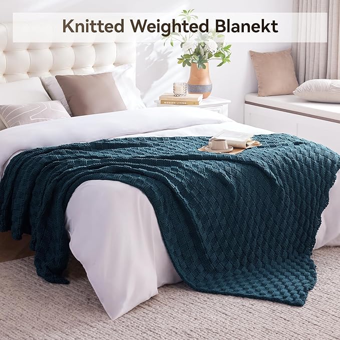 Knitted Weighted Blanket for Adult, No Beads Heavy Blanket 60” x 80'' 17lbs, Breathable Chunky Knit Blanket, Cooling Weighted Blanket for Hot Sleepers, Christmas Home Decor (Peacock Blue)