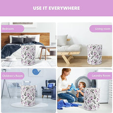 Large Foldable Laundry Basket Organizer Holder portable tall collapsible laundry hamper nusery Storage Basket Bin with Handles Canvas & Waterproof lining for Household Items (Floral Purple)