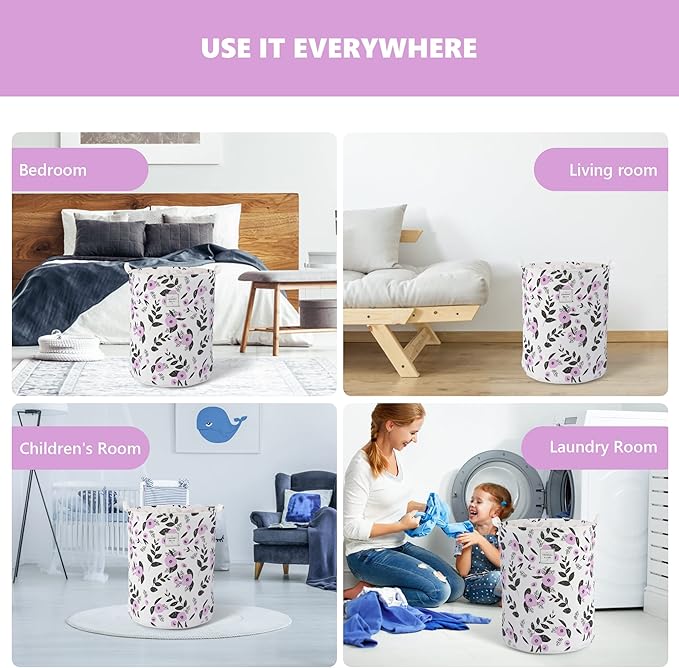 Large Foldable Laundry Basket Organizer Holder portable tall collapsible laundry hamper nusery Storage Basket Bin with Handles Canvas & Waterproof lining for Household Items (Floral Purple)