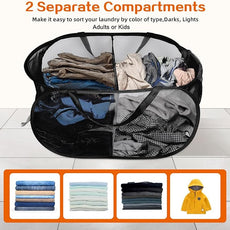 Foldable Laundry Baskets, Collapsible Mesh Laundry Hamper, Durable Pop Up Laundry Basket, 2 Compartments Clothes Hampers for Laundry, Easy to Carry & Sort for Dorm, Home, Kids Room, Travel Black