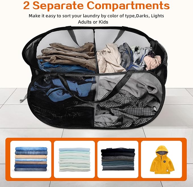 Foldable Laundry Baskets, Collapsible Mesh Laundry Hamper, Durable Pop Up Laundry Basket, 2 Compartments Clothes Hampers for Laundry, Easy to Carry & Sort for Dorm, Home, Kids Room, Travel Black