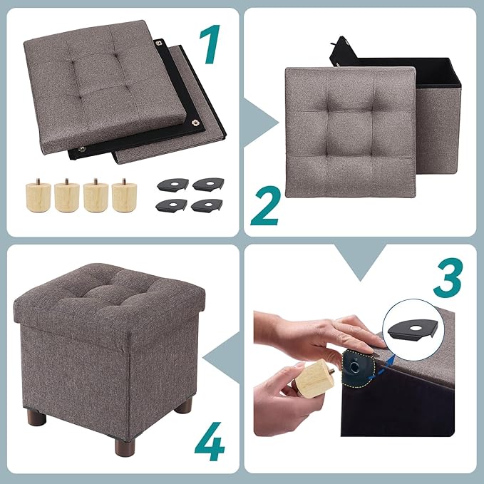 BRIAN & DANY Small Ottoman with Storage, Small Storage Ottoman, Folding Foot Stool with Wood Legs for Living Room and Bedroom Linen Rest Seat, 12.6"x12.6"x12.8" - Brown