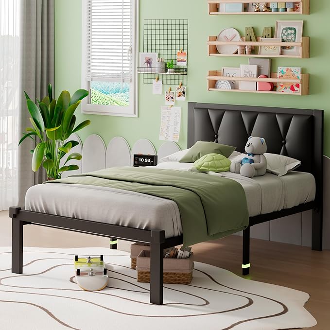 iPormis Twin Metal Bed Frame, Faux Leather Platform Bed with Button Tufted Headboard, Heavy Duty Slats Support, 12" Under Bed Storage, No Box Spring Needed, Easy Assembly, Black