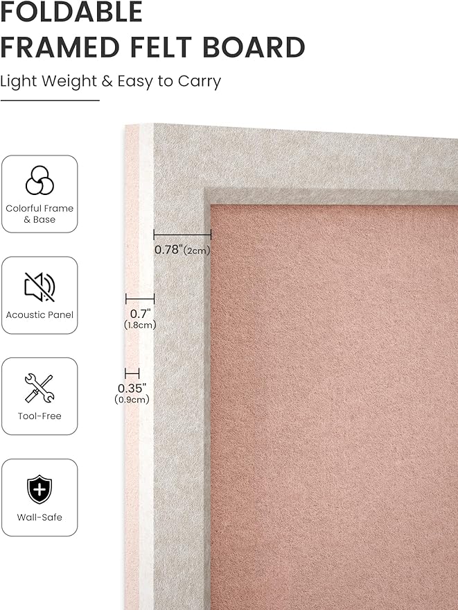 Felt Cork Board Alternative, Felt Bulletin Board 16" x 12" Oatmeal Frame with 8 Adhesive Tabs, Pin Board for Home Office, Classroom, Entryway, Kitchen Wall Decor—Pink
