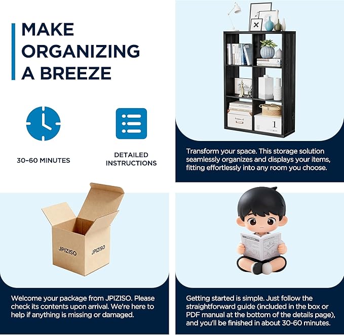 6 Cube Storage Organizer, 2x3 Cube Bookshelf, Cubby Storage Shelf, Wooden Organizer Shelf with Thickened Boards, for Closet Bedroom Home Office Living Room, 36.93" L x 9.37" W x 25.12" H, Black