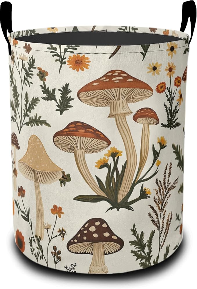 Laundry Basket,Retro Mushrooms Large Canvas Fabric Lightweight Storage Hamper Organizer Dirty Clothes Collapsible Waterproof for College Dorms,Bathroom