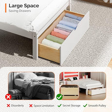 VINGLI Solid Wood Twin Bed Frame with LED Lights & USB Charging Station,Kids Platform Bed with Storage Headboard Shelf, Underbed Storage Drawer,White