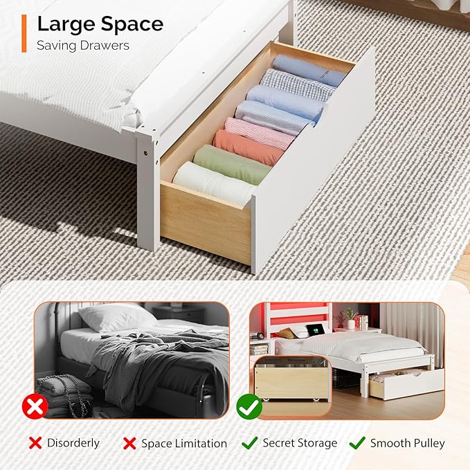 VINGLI Solid Wood Twin Bed Frame with LED Lights & USB Charging Station,Kids Platform Bed with Storage Headboard Shelf, Underbed Storage Drawer,White