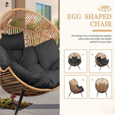 Vongrasig Comfy Wicker Egg Chair, Soft Thick Cushion Rattan Lounge Chair, High Capacity Steel Frame, Reading Chair for Living Room, Bedroom, Dorm Rooms (Black)