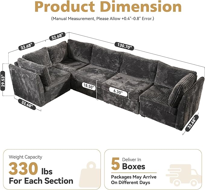 Modular Sectional Sofa,5 Pieces Sectional Couches for Living Room,131X65 L Shaped Cloud Couch with Oversized Convertible Modular Couch for Living Room