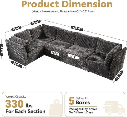Modular Sectional Sofa,5 Pieces Sectional Couches for Living Room,131X65 L Shaped Cloud Couch with Oversized Convertible Modular Couch for Living Room
