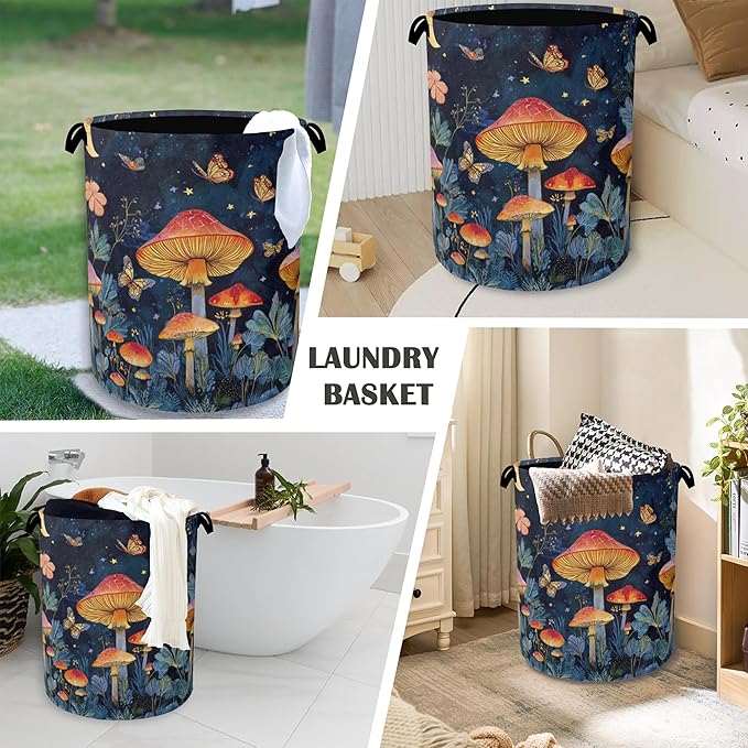 Mushroom Laundry Basket,Butterfly Moon Foldable Oxford Cloth Tote Bag Laundry Hamper Clothes Storage Bucket Organizer for Bedroom Laundry Storage Dormitories 16" x 20.8"