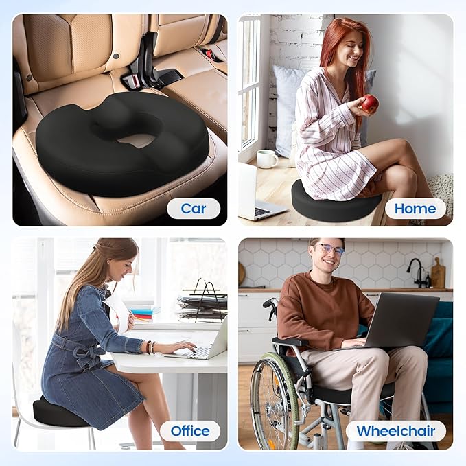 Donut Pillow Seat Cushion - Cooling Gel Floor Pillow, Memory Foam Floor Cushion for Office & Home, Car Seat, Hemorrhoids Pillow, Sciatica & Tailbone Pain Relief Chair Cushion, Black-XL