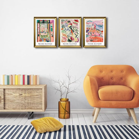 Wieco Art Framed Canvas Wall Art 3 Piece Henri Mattise Art Abstract Colorful Matisse Posters Canvas Prints for Wall and Home Office Decorations Bronze Gold Frame