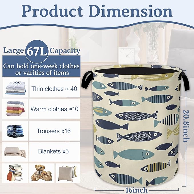Cute Fish Laundry Basket,Foldable Oxford Cloth Boho Laundry Hamper with Handles, 20.8"x16" Tote Bag Clothes Storage Bucket for Laundry Room/Bathroom/Bedroom/Dormitories