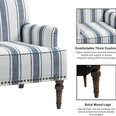 Accent Chair, Mid Century Modern Comfy Armchair for Living Room, Linen Fabric Single Sofa Lounge for Reading Bedroom Apartment Waiting Room with Wood Legs (Dark Blue Stripe, Set of 2)