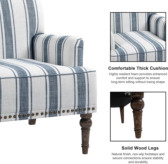 Accent Chair, Mid Century Modern Comfy Armchair for Living Room, Linen Fabric Single Sofa Lounge for Reading Bedroom Apartment Waiting Room with Wood Legs (Dark Blue Stripe, Set of 2)