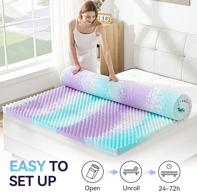 SINWEEK 3 Inch Egg Crate Memory Foam Mattress Topper Full Size, Soft Mattress Pad for Back Pain Relief, Bed Topper, CertiPUR-US Certified, Colorful