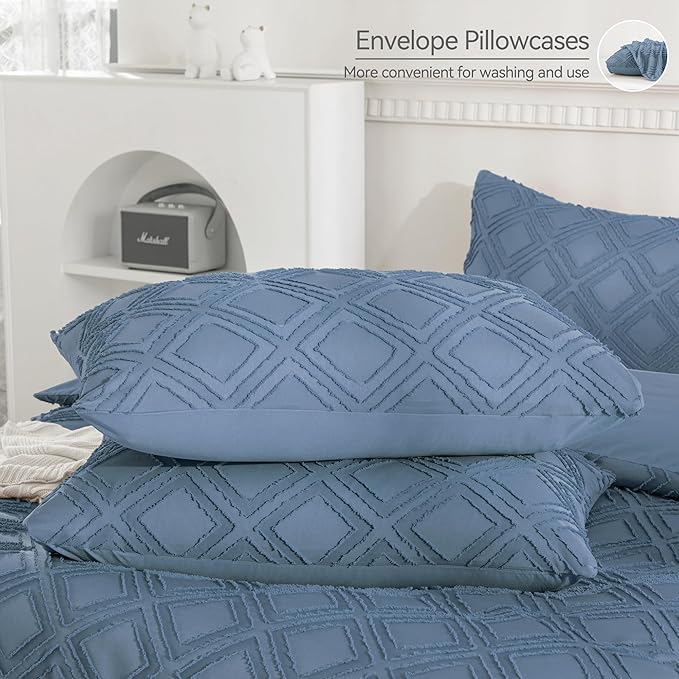 JELLYMONI Duvet Cover Twin Size Blue - 3PCS Boho Duvet Cover Set Plaid Polyester Tufted Bohemian Jacquard Knit Textured Comforter Cover 68×90in Rhombic Geometric Pattern Corner Ties & Zipper
