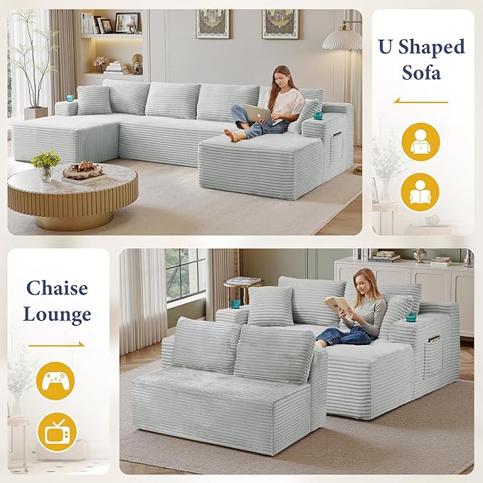 134''Oversized Modular Sectional Sofa Boneless Cloud Couch with Chaise Comfy Sectional Couches for Living Room,Bedroom,Apartment (Light Grey, 134''W U-Shaped)