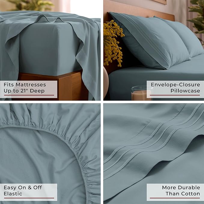 Mellanni King Sheet Set - 6-Piece Iconic Collection Bedding, (Including 4 Pillowcases), 21-Inch Extra Deep Pocket, Easy Care, Ultra Soft, Cooling Sheets, Brushed Microfiber - Spa Blue