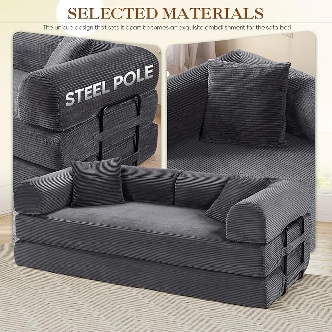 Antetek Convertible Futon Sofa Bed, 3-Seater Modern Corduroy Foam Floor King Size Bed Fold Out Sleeper Lounge Loveseat Sofa Couch with 2 Throw Pillows for Living Room Bedroom Guest Room, Light Grey