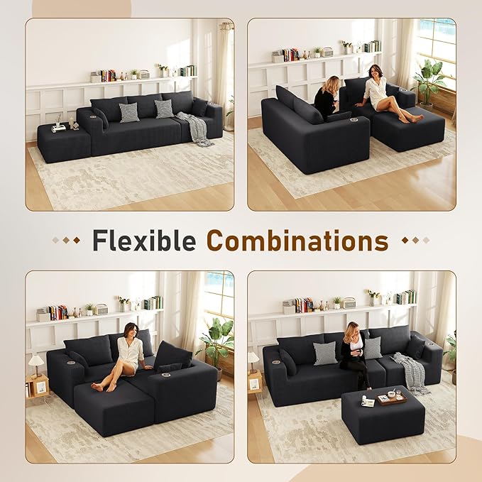 Furnimart 112" L-Shaped Modular Sectional Sofa with Ottoman, Boneless Cloud Couch with Chaise for Living Room, Modern Deep Seat Lounge Sleeper Couch Bed, No Assembly, Corduroy Black