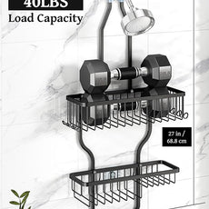 YASONIC Shower Caddy Over Shower Head Never Rust Aluminum Large Hanging Shower Caddy with 10 Hooks for Razor/Sponge - Over The Shower Head Caddy with Soap Basket - Hanging Shower Organizer Black