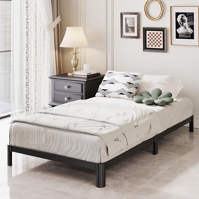 7 Inch Low Twin Bed Frames with Rounded Corner Legs, 1000 LBS Heavy Duty Metal Slats Support Twin Platform Bed Frame No Box Spring Needed, Easy Assembly