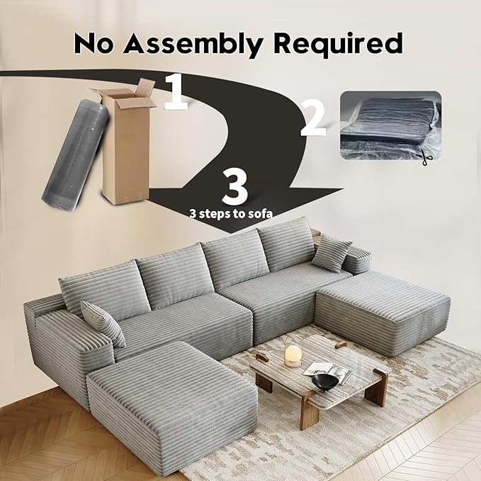 139.4" Modular Sectional Sofa, U-Shaped Minimalist Couches with 2 Ottomans Chaise, Modern Deep Seat Convertible Sleeper Sofa Bed,Cloud Plush Corduroy Fabric, No Assembly Required, 6 Seater, Grey