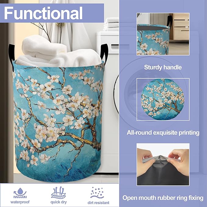 Laundry Basket,Vintage Apricot Tree Flowers Large Canvas Fabric Lightweight Storage Hamper Organizer Dirty Clothes Collapsible Waterproof for College Dorms,Bathroom