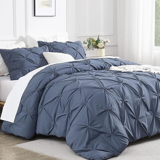 Andency Dark Blue Grey Pinch Pleat Comforter Full(79x90Inch), 3 Pieces(1 Down Alternative Comforter and 2 Pillowcases) Dark Blue Grey Bed Set Microfiber Pintuck Bedding Set