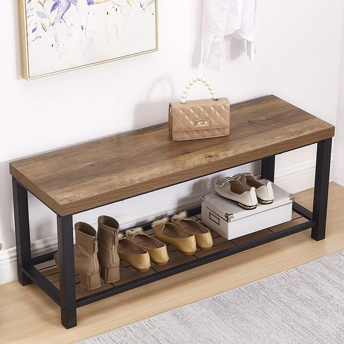 FOLUBAN Entryway Bench, Modern Shoe Storage Bench, Rustic Wood and Metal Entry Bench for Hallway Front Door Entrance, Industrial Indoor Bench for Bedroom Living Room, Oak, 43.3 Inch