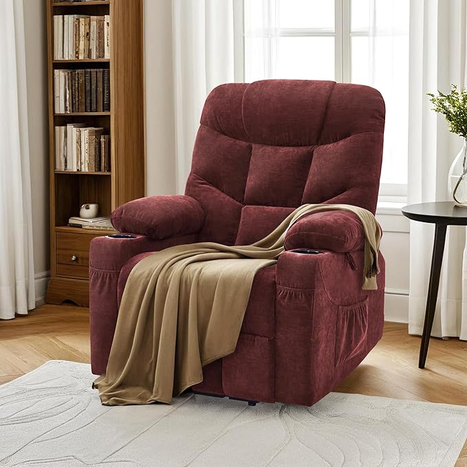 MCombo Power Lift Recliner Chair with Extended Footrest for Elderly People, Fabric 7287 (Burgundy, Medium)