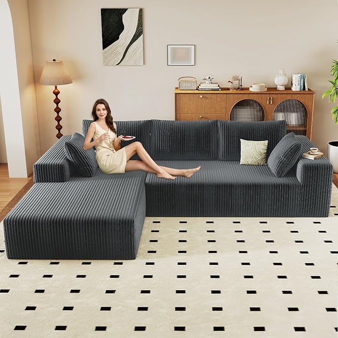 96" Modular Sectional Couch, Boneless L Shaped Cloud Sofa with Chaise Lounge, Corduroy Upholstered Couches Memory Foam Deep Seat, No Assembly Required, Ideal for Living Room(Dark Gray, Left Facing)