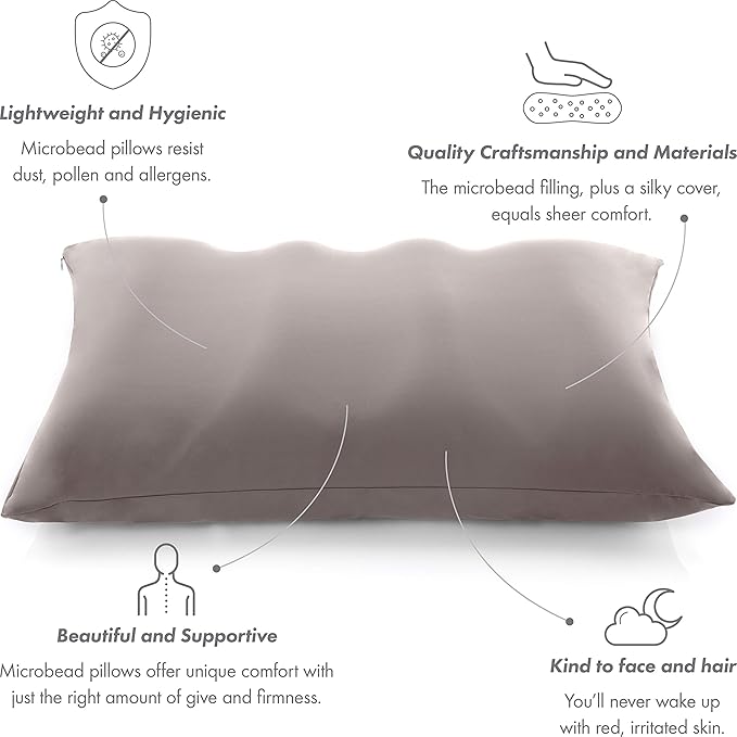 PILLOWY Premium Microbead Bed Pillow, X-Large Extra Fluffy But Supportive - Ultra Comfortable Sleep with Silk Like Anti Aging Cover 85% Spandex/ 15% Nylon Breathable, Cooling Stone Gray