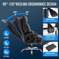 Office Chair with Footrest 500lbs,Reclining Leather Computer Chair for Heavy People, Big and Tall Comfy Executive Desk Chair with Lumbar Support & Pillow .High Back Black