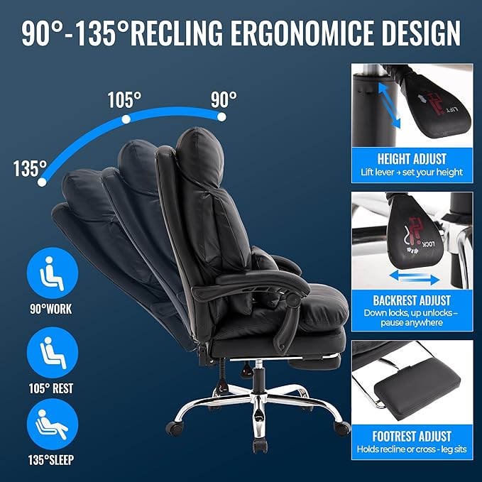 Office Chair with Footrest 500lbs,Reclining Leather Computer Chair for Heavy People, Big and Tall Comfy Executive Desk Chair with Lumbar Support & Pillow .High Back Black