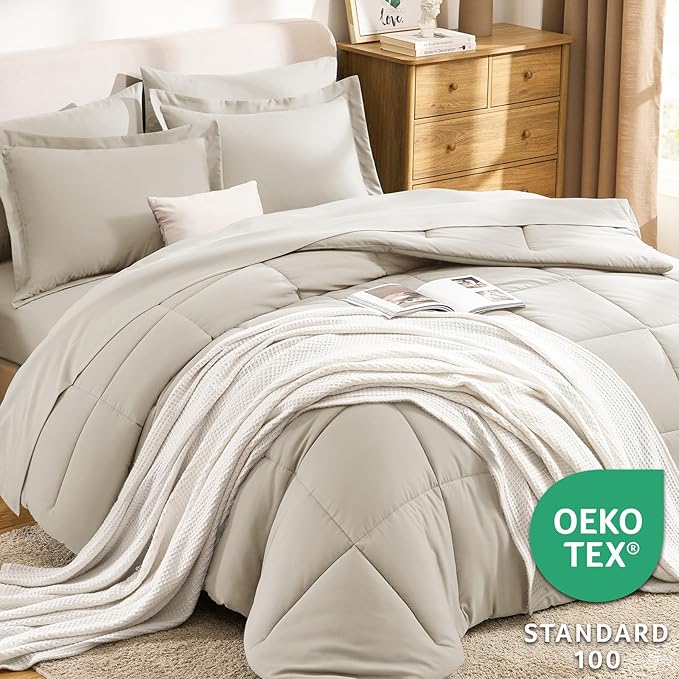 CozyLux California King Comforter Set Beige - 7 Pieces California King Bed in a Bag Set, All Season Soft Bedding Sets with Comforter, Flat Sheet, Fitted Sheet, Pillowcases & Pillow Shams