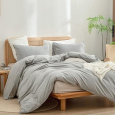 BESTOUCH Duvet Cover Set 100% Washed Cotton Linen Feel Super Soft Comfortable Chic Lightweight 3 PCs Home Bedding Set Solid Light Grey Super King