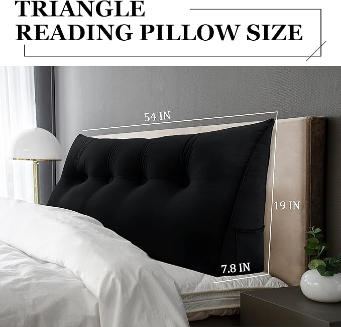 10 lbs Thickened Wedge Pillow Headboard Body Positioner Bed Wedge Pillow Backrest Support Triangular Headboard Cushion with Side Pocket Gift for Mom Velvet Positioning Support Black Full