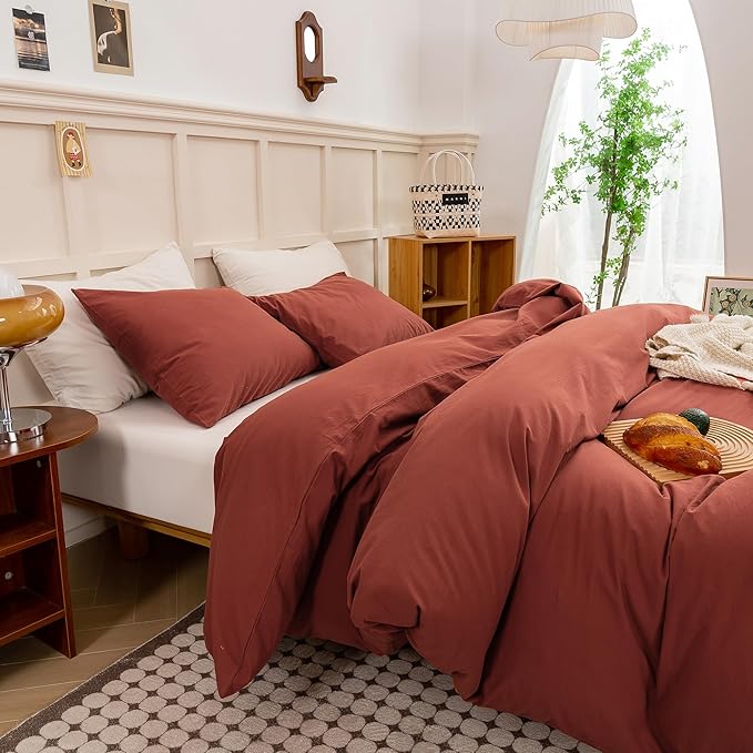 ECOCOTT Duvet Cover King Size - Linen Feel Organic Natural 100% Washed Cotton, Soft Breathable 3 Pieces Bedding Set with Zipper Closure, Burnt Brick Red