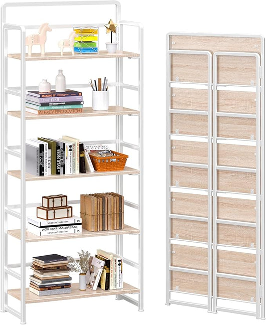 4NM No Assembly 5 Tiers Folding Bookshelf Storage Shelves Vintage Bookcase Standing Racks Study Organizer Home Office (Natural White)
