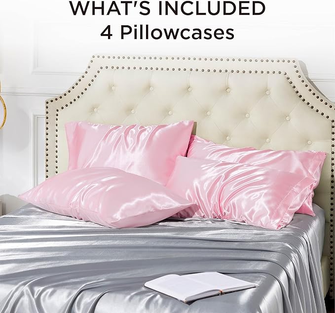 Bedsure Satin Pillowcase Standard Set of 4 - Pink Silky Pillow Covers for Hair and Skin 20x26 Inches, 4 Pack with Envelope Closure, Similar to Silk Pillow Cases, Gifts for Women Men